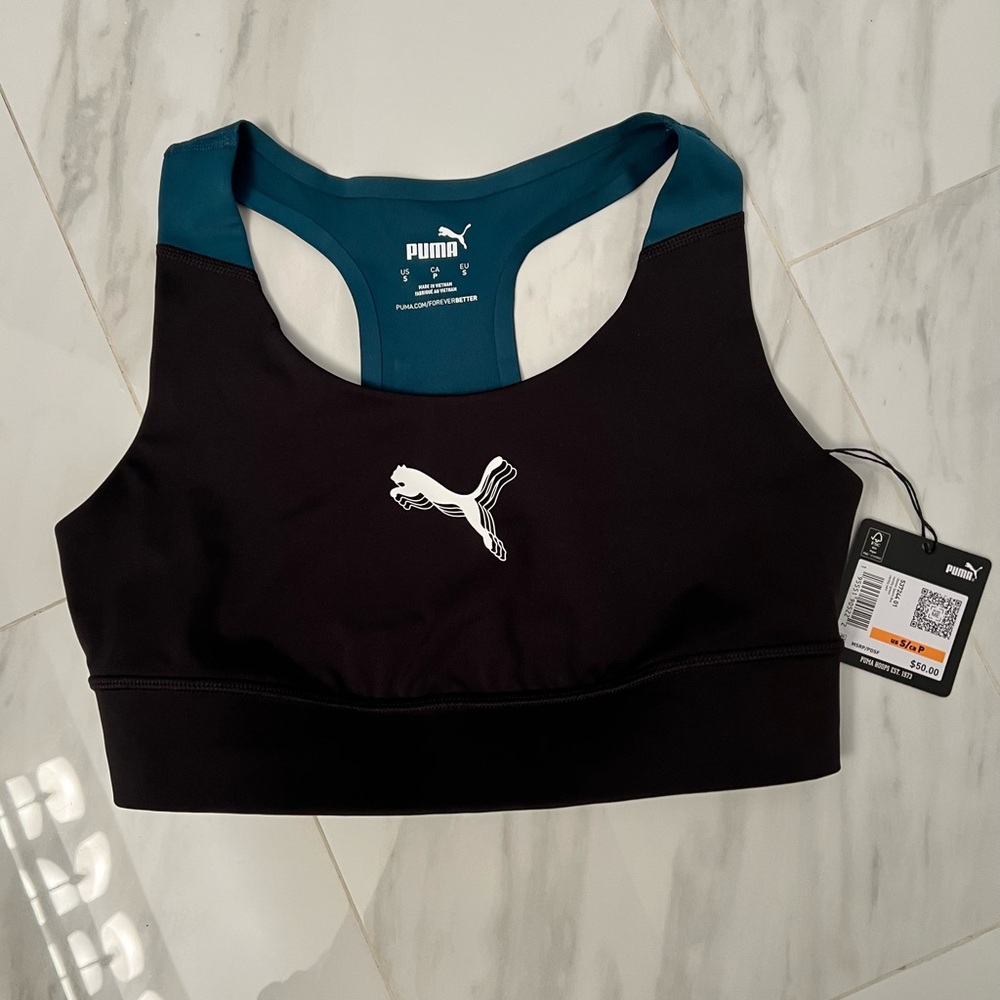 Puma Drycell Bra, NWT, Size S, Black and Teal, Racer Back